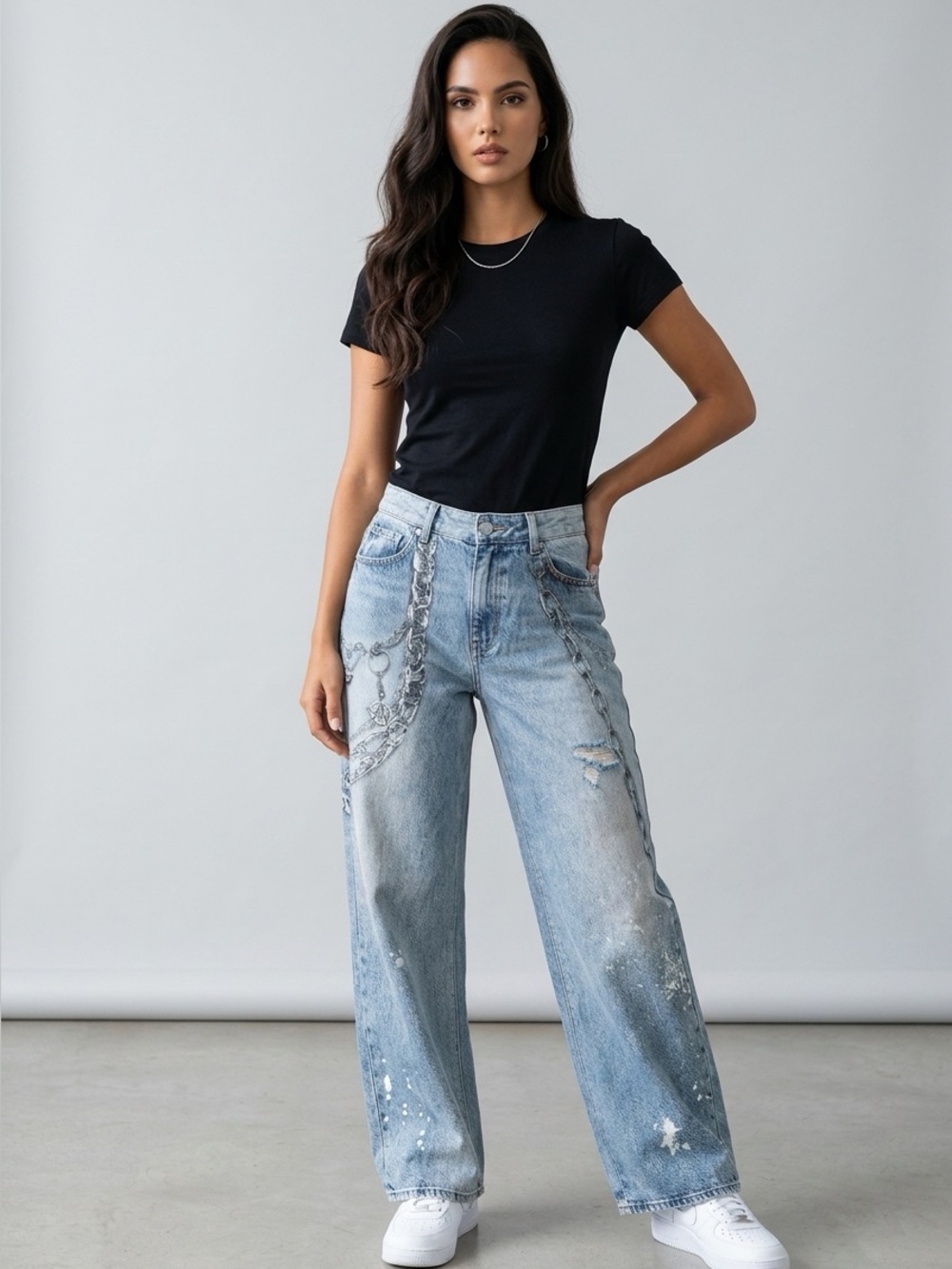 High-Rise Blue Washed Jeans with Chain Print